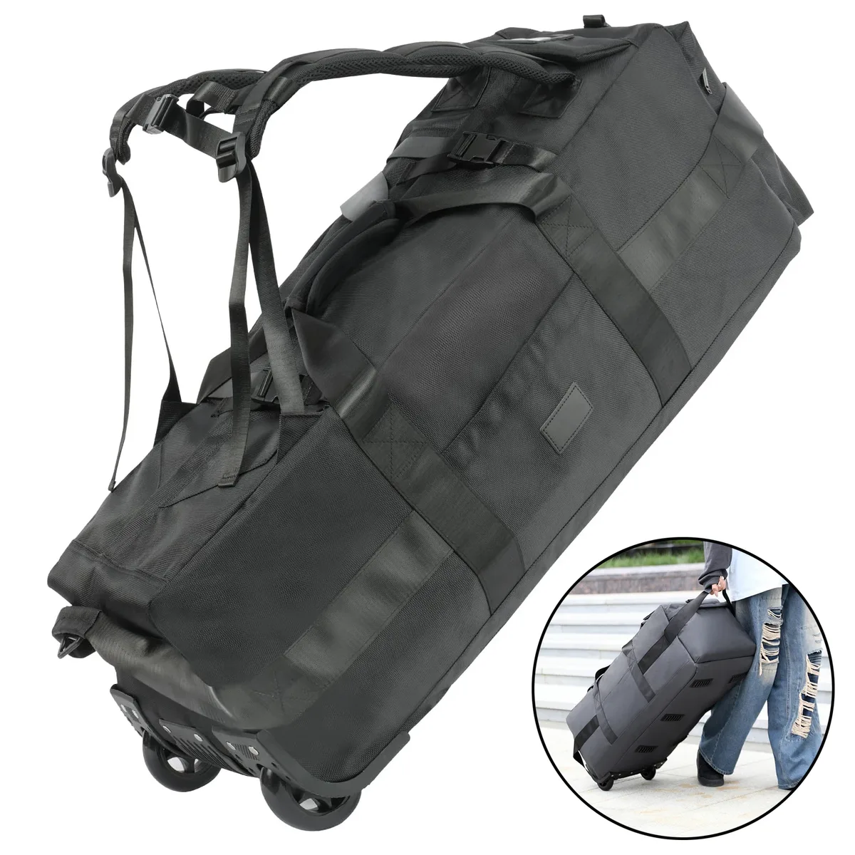 Sac de sport roulant 80L avec roulettes Sac de voyage pliable robuste de 31 pouces Bagage à roulettes résistant à l'eau avec bandoulière