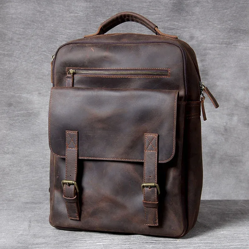 vintage crazy horse sac à dos en cuir véritable hommes sac à dos en peau de vache randonnée sac à dos 17 "sac pour ordinateur portable mâle voyage sac à dos grand m815