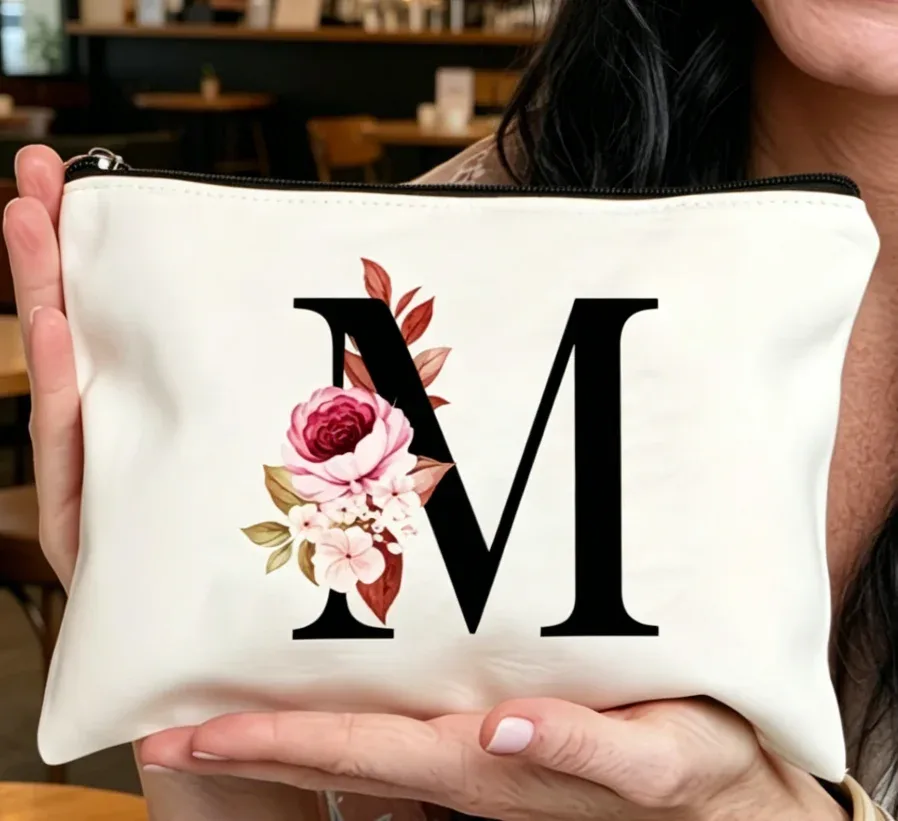sac à fermeture éclair élégant avec motif de lettres et de fleurs, trousse de maquillage polyvalente, trousse à cosmétiques légère pour femmes a-z, 1 pièce