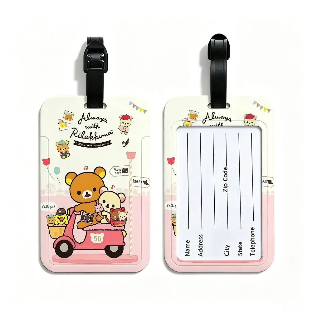 étiquette de bagage de voyage rilakkuma mignonne en dessin animé, étui en pvc pour carte d'information, marqueur de nom anti-perte pour sac à dos.