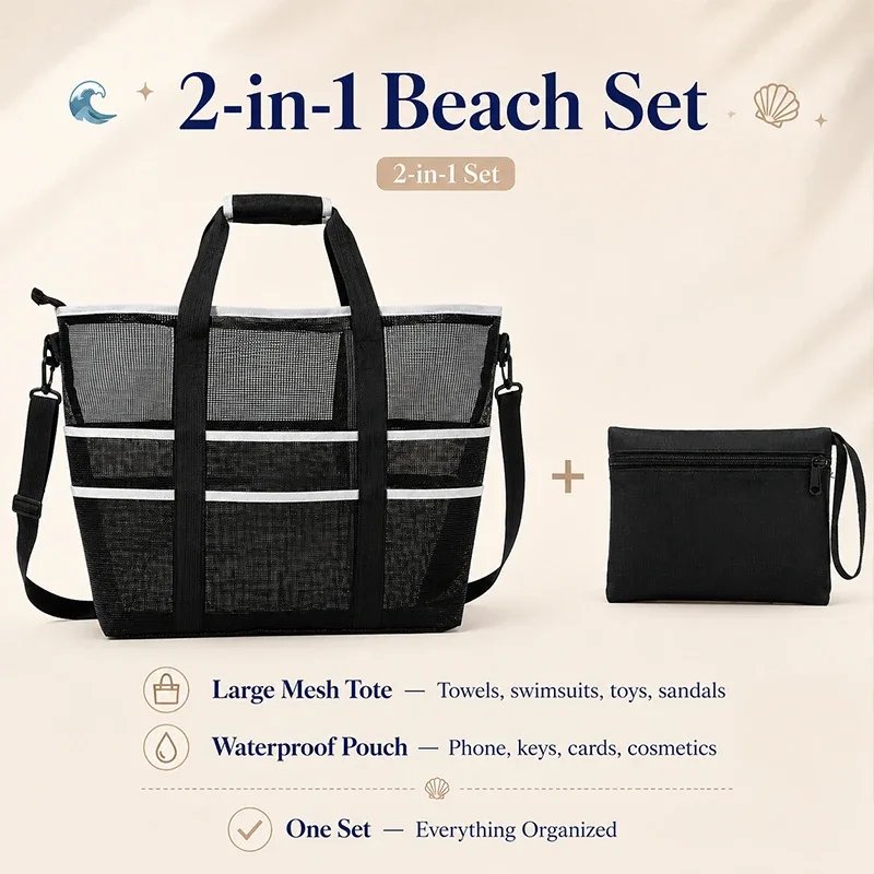 sac de plage en maille portable grande capacité, sac fourre-tout à bandoulière pour vacances d'été, natation et voyage