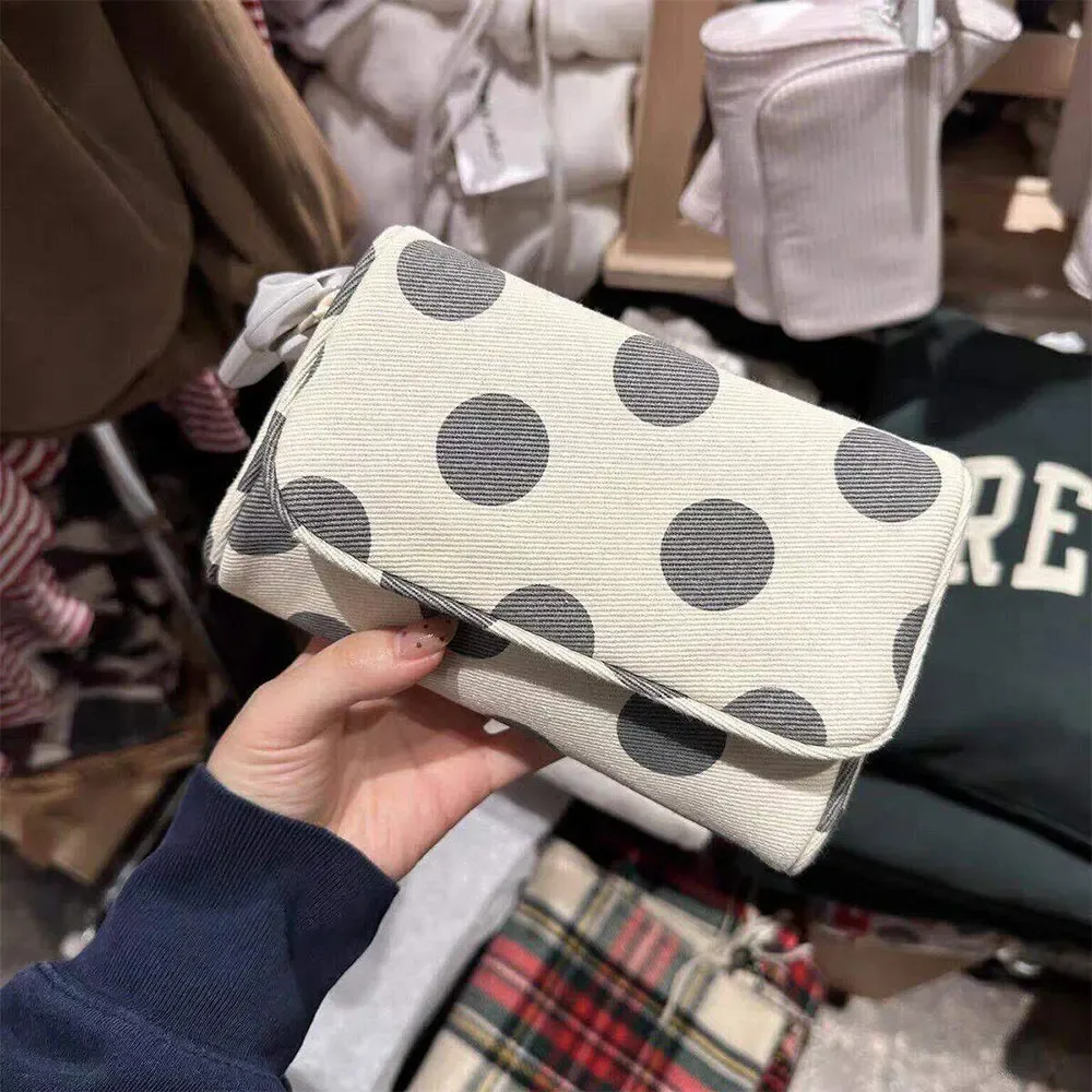 trousse de maquillage portable en toile à pois avec miroir, sac cosmétique rose rayé à fermeture éclair, pochette de voyage pour articles de toilette