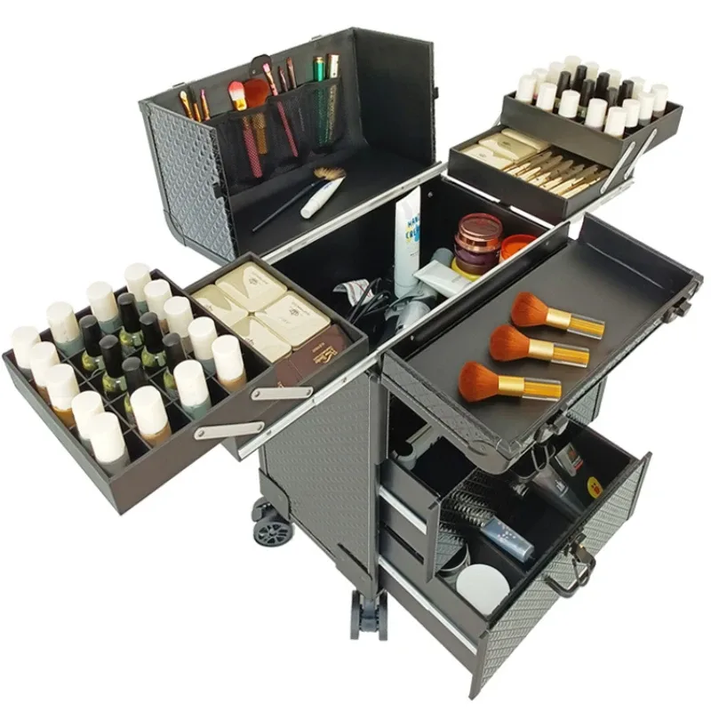 boîte à cosmétiques de luxe, valise de grande capacité, boîte à outils de broderie, chariot professionnel multicouche, bagage à roulettes de voyage de maquillage