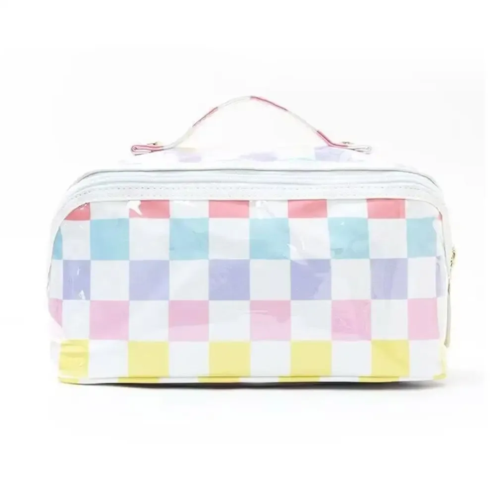 sac de maquillage imperméable en pvc, double fermeture éclair, sac de rangement cosmétique à rayures en damier, sac de toilette de voyage grande capacité