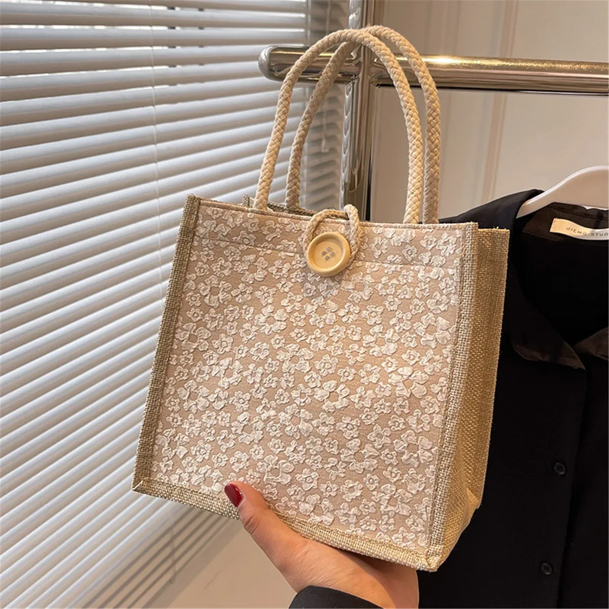 sac fourre-tout en coton à motif floral, sac à main polyvalent portable de grande capacité, sac d'emballage ca