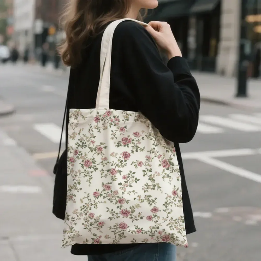 sac fourre-tout en toile à imprimé floral, adapté à un usage quotidien, aux courses, à l'école et aux voyages