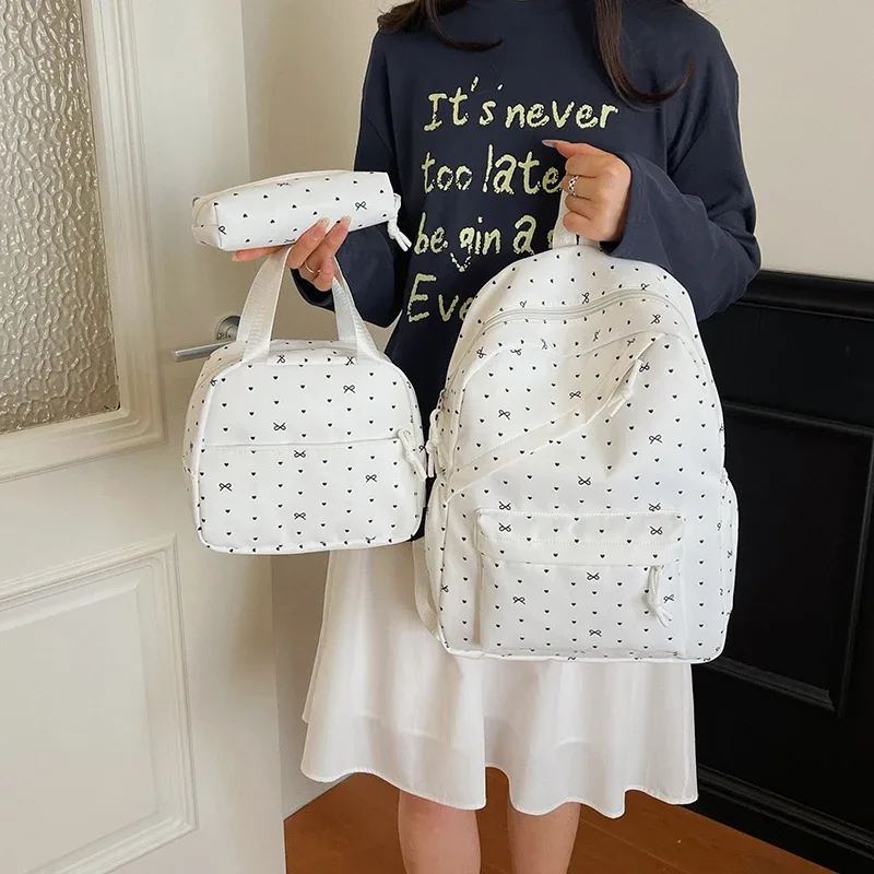 sac à dos en nylon à pois avec boîte à lunch et trousse à crayons, ensemble de sacs à livres pour étudiants, grande capacité pour adolescentes, filles et femmes, 3 pièces