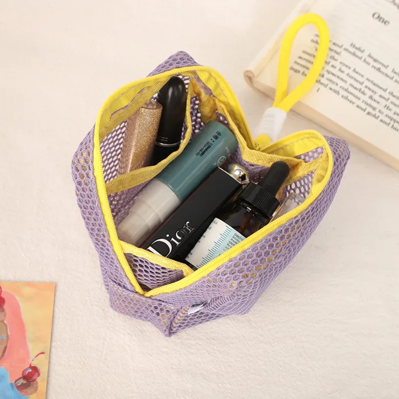 sac à cosmétiques carré en maille, sac de rangement carré portable pour cosmétiques avec fermeture éclair, sac de rangement multi-usages pour articles divers