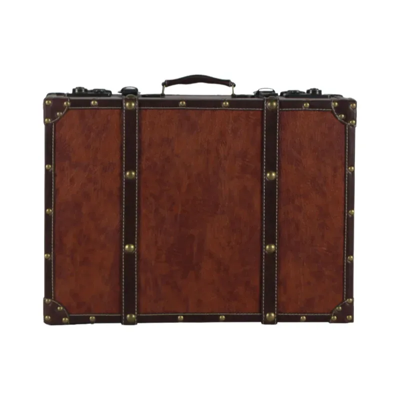 coffre en cuir vintage avec accents en bois, mallette de rangement de voyage, boîte à bagages antique pour décoration de maison, cadeau de mariage de luxe