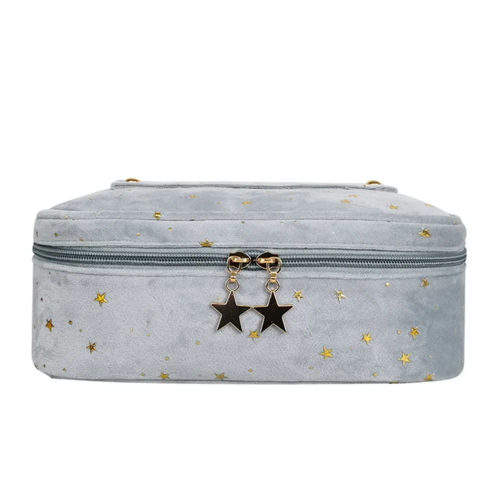 trousse de toilette de voyage grande capacité en velours motif étoiles bronzées, sac de rangement cosmétique en forme de coquille cubique pour femme
