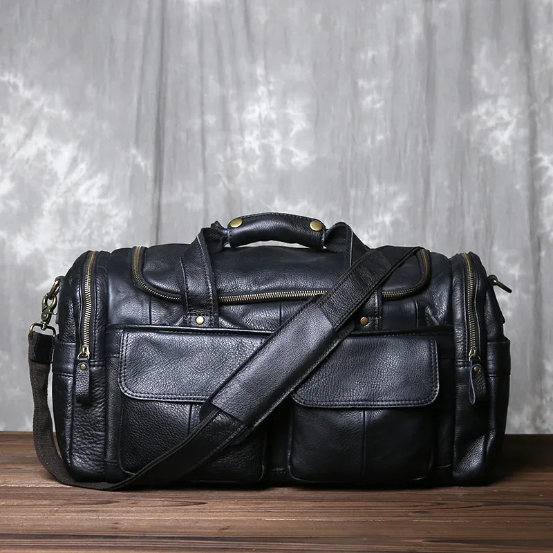 sac à bandoulière rétro en cuir véritable pour hommes, première couche de peau de vache, sac à main de voyage portable minimaliste de grande capacité pour l'extérieur