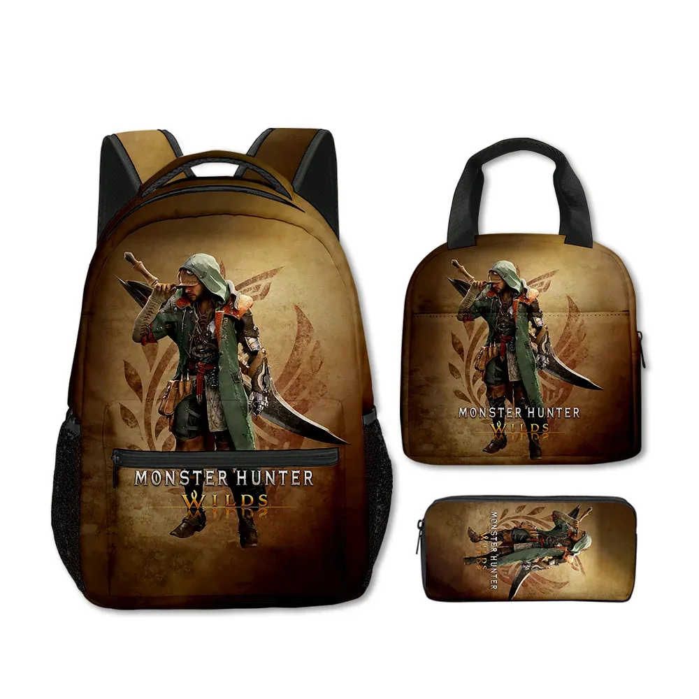 sacs d'école classiques populaires et amusants avec impression 3d de monstres sauvages, 3 pièces/ensemble, sac à dos de voyage, sac à déjeuner portable, trousse à crayons