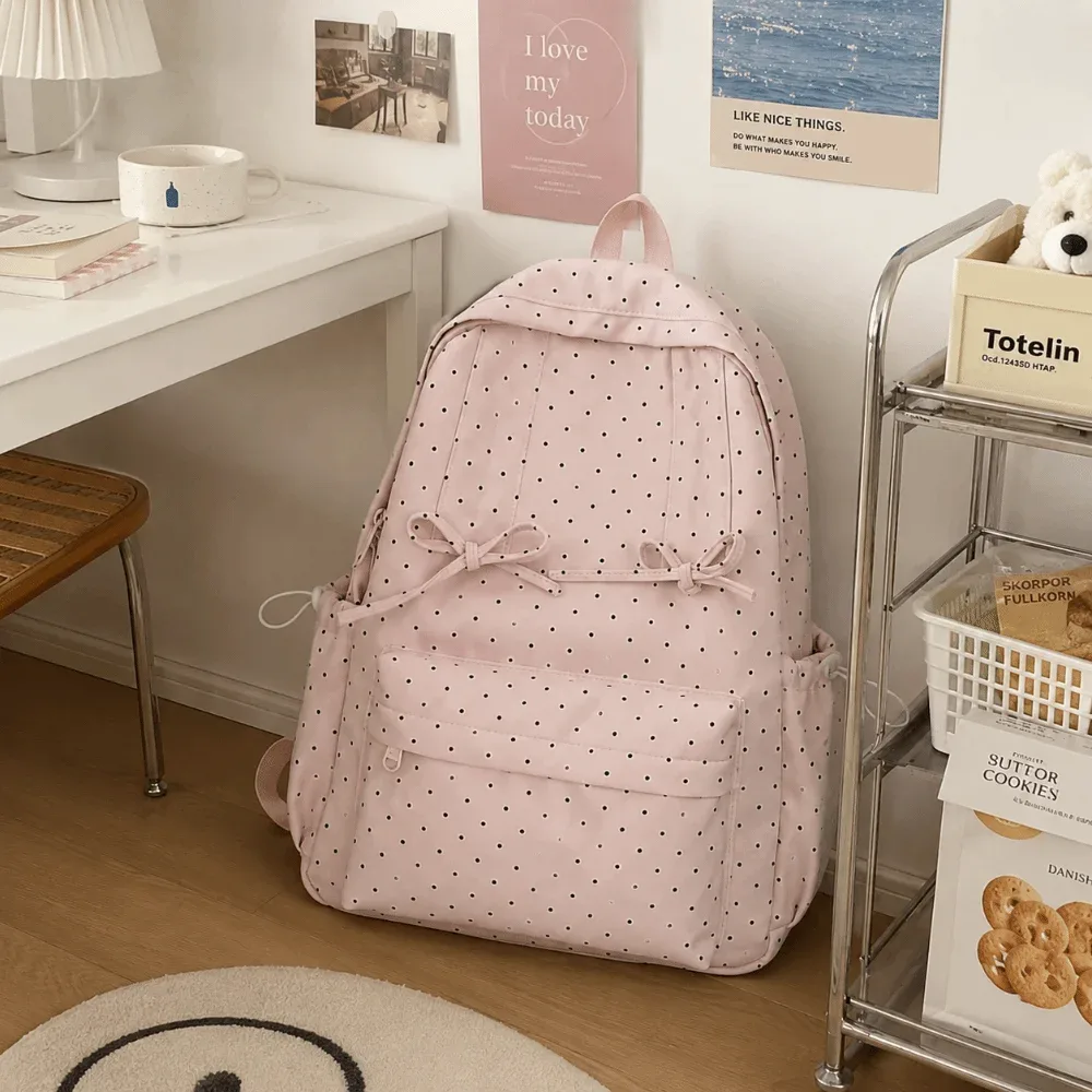 Sac à dos Y2K à pois grande capacité avec nœud, design minimaliste, léger et durable, idéal pour l'école et le quotidien