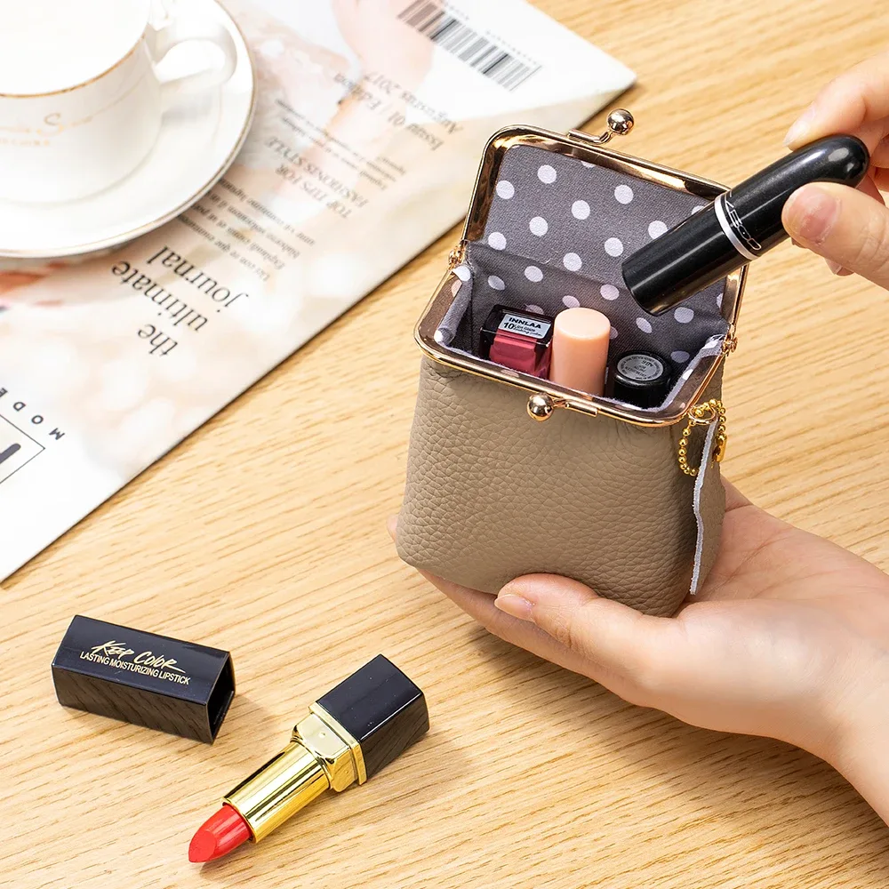 petit sac à cosmétiques en cuir véritable pour femmes, moraillon doré, pochette de maquillage mignonne, étui de rangement de rouge à lèvres, boîte à clés de voyage, mini porte-monnaie
