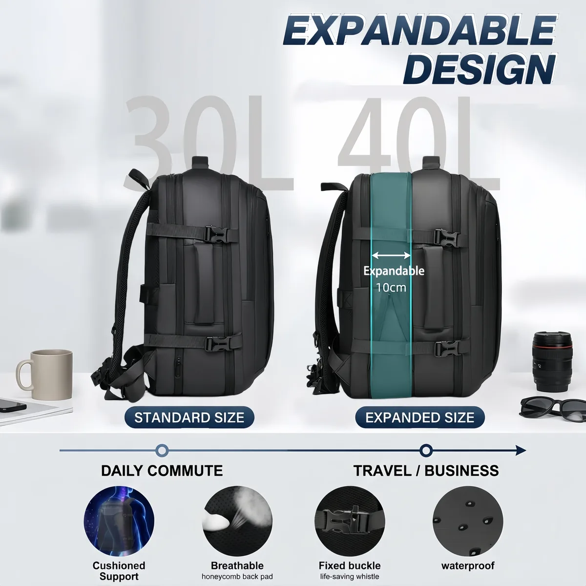 sac a dos compression vide expansible 20l a 35l etanche oxford enduit tpu polyester anti-rayures voyage ordinateur homme affaires randonnee scolaire daypack poche separation humide sec bretelles 15.6 pouces noir