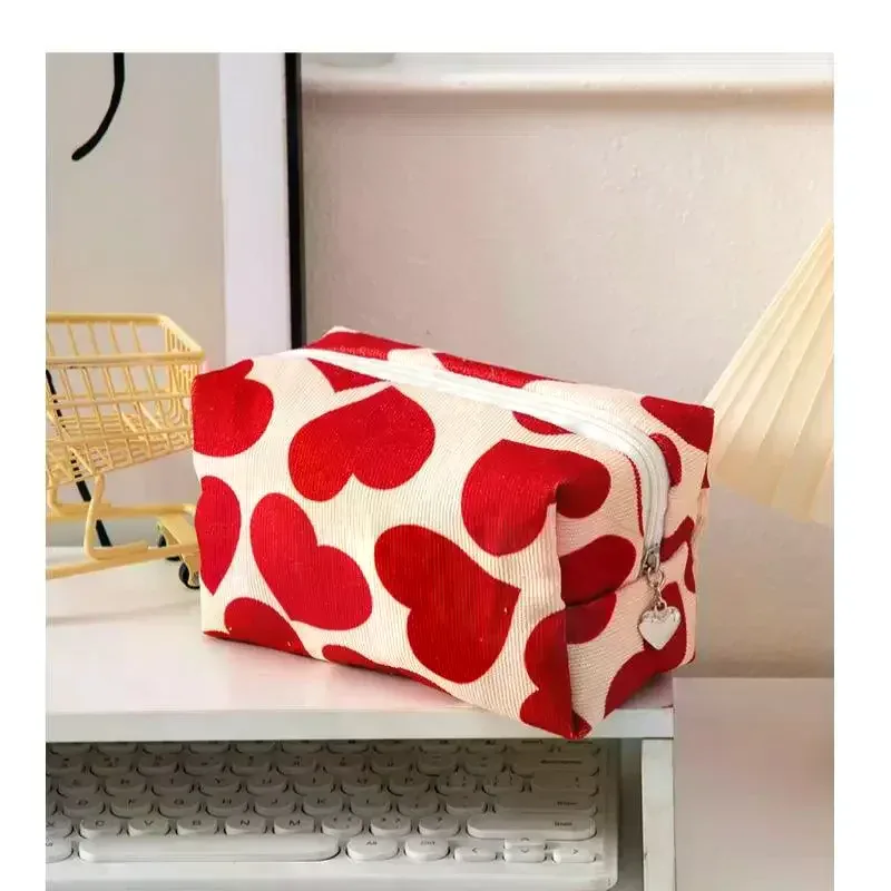 sac à cosmétiques en velours côtelé pour femmes, pochette de maquillage portable de voyage, sac de rangement de toilette de lavage, sac à main organisateur de crayons mignon