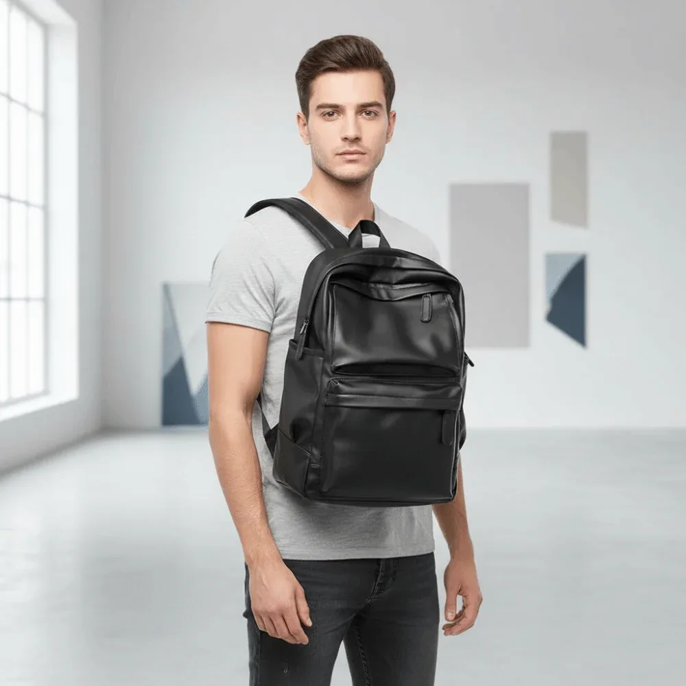 sac à dos en cuir pvc pour homme, résistant à l'eau, avec bretelles rembourrées, sac d'école pour ordinateur portable, double compartiment latéral, poche zippée cachée