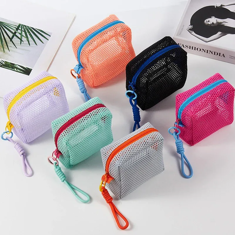 sac à cosmétiques en maille portable, trousse de maquillage de rangement de couleur dopamine, pochette de rangement de toilette en maille pour femmes, sac de rangement d'articles divers