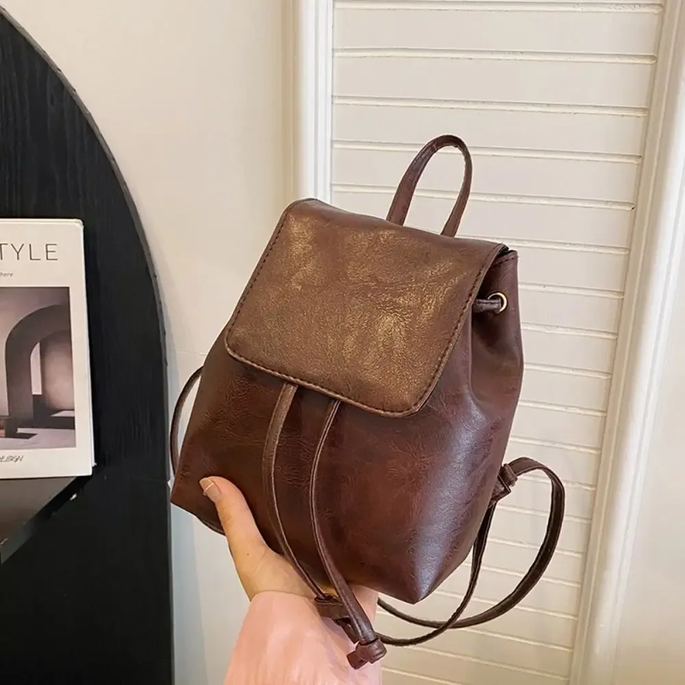 Sac à dos mignon en PU, petit sac à dos de couleur unie, sac à bandoulière, sac à main marron rétro pour enfants