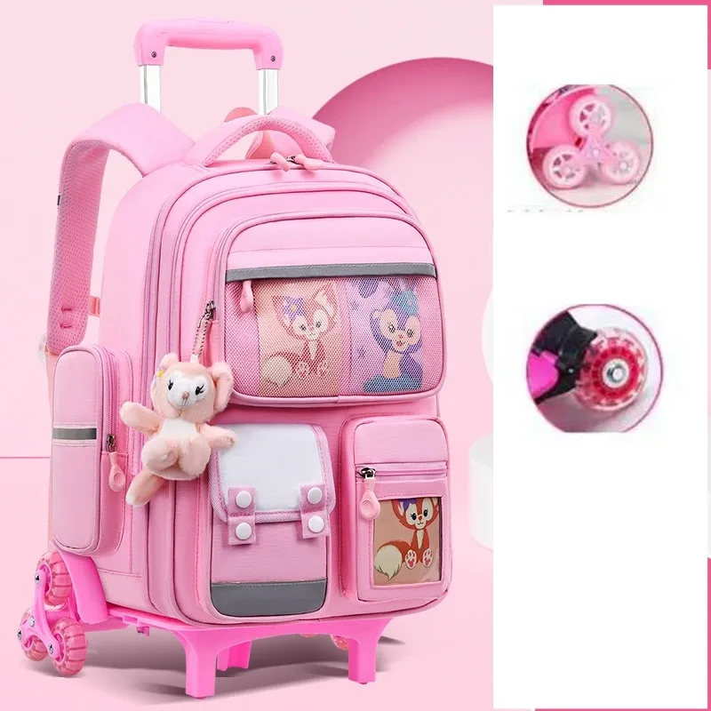 Sac à dos d'école à roulettes pour filles et enfants, 17 pouces, 6 roues, sac à livres d'école primaire, sac à bagages à roulettes, sac à dos de chariot scolaire