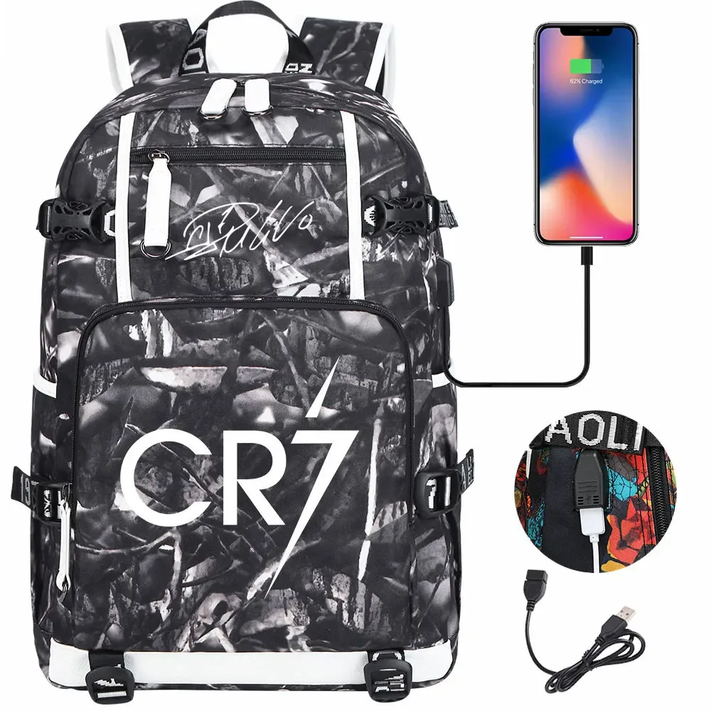 football star cr7 usb grande capacité étudiant mochila femmes hommes ordinateur portable voyage sac à dos garçons filles enfants retour à l'école livre sacs