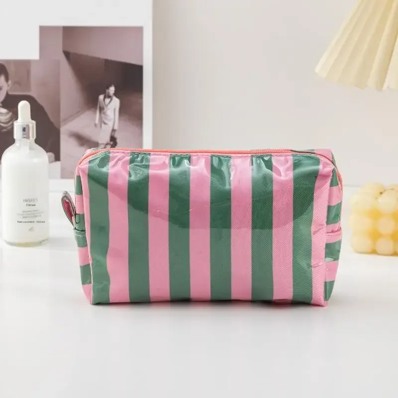 sac à cosmétiques rayé en pvc, trousse de maquillage avec fermeture éclair, trousse de toilette de voyage étanche, étui pour pinceaux de maquillage, 1 pièce