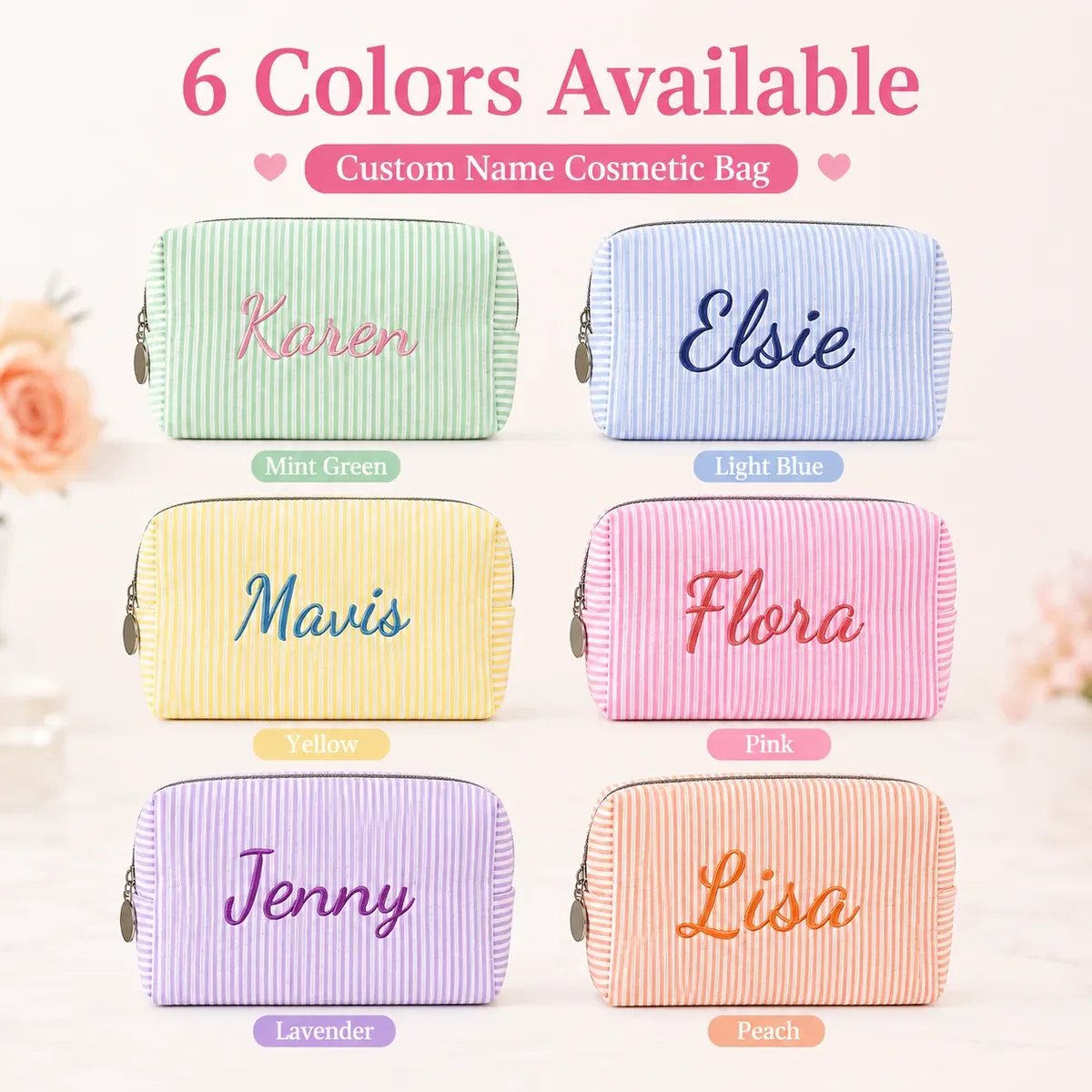 trousse de maquillage personnalisée avec nom pour femmes, pochette cosmétique rayée avec fermeture éclair, sac de rangement personnalisé pour articles de toilette de voyage