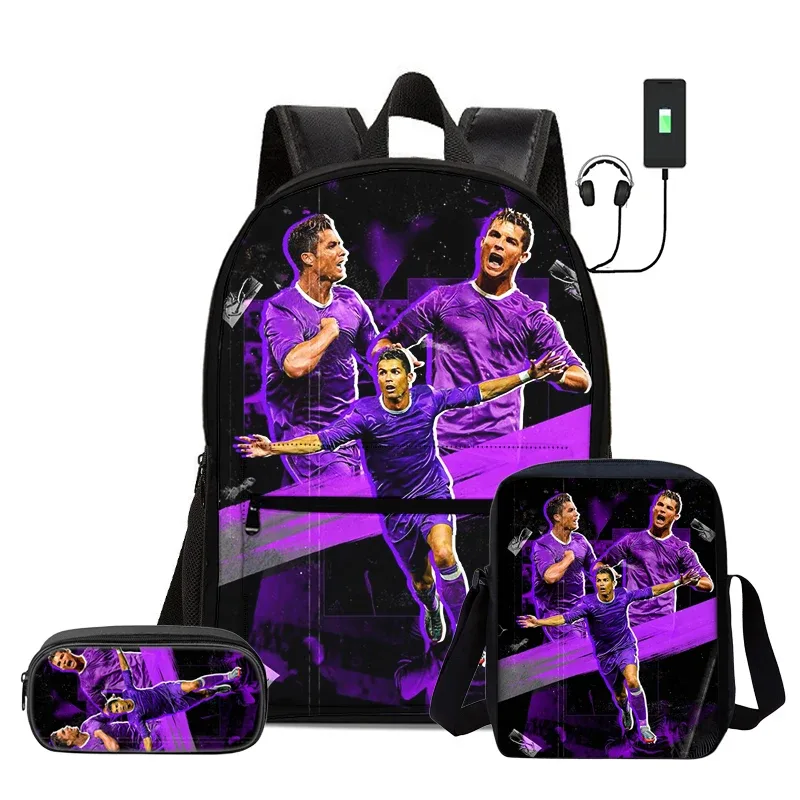 ensemble de 3 sacs à dos avec sac à bandoulière, trousse scolaire pour enfant, sac à dos ronaldo avec interface usb, sac à dos pour enfants