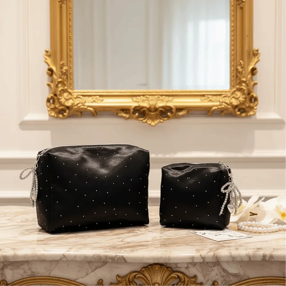 pochette de maquillage simple et luxueuse à paillettes, sac de rangement portable à fermeture éclair, sac à main perlé avec nœud et strass pour femme