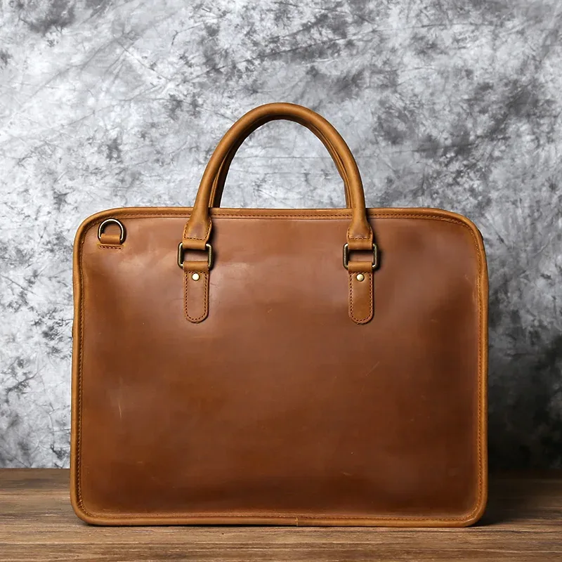 nzpj porte-documents en cuir pour hommes sac à main rétro couche supérieure en peau de vache pochette d'ordinateur sac à bandoulière en cuir de cheval fou sac de luxe