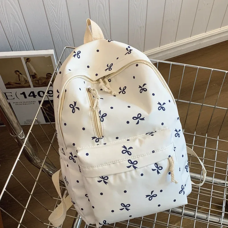 sac à dos matelassé à imprimé nœud ludique pour la rentrée scolaire, à usage quotidien, avec plusieurs poches, bretelles réglables, grande capacité