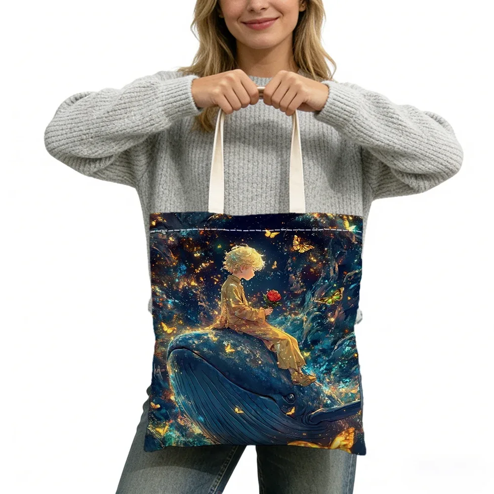 sac fourre-tout imprimé double face sans fermeture éclair, star boy cute fox cosmic rose, 40x45 cm, sac à bandoulière pour usage quotidien, shopping, apprentissage, extérieur