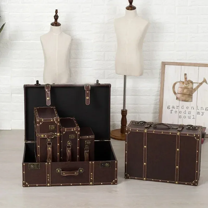 coffre de voyage vintage en cuir avec accents en bois, valise de rangement, boîte à bagages décorative antique pour la maison, coffret de luxe pour cadeau de mariage