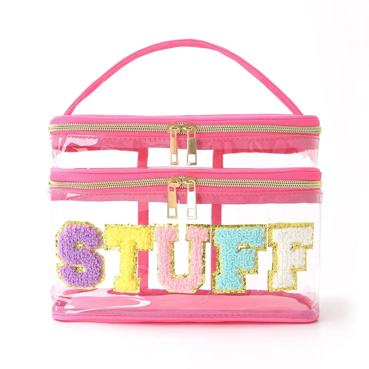 sac de rangement brodé amazon, sac à cosmétiques transparent en pvc à double lettre, sac de lavage de voyage, sac à cosmétiques de grande capacité