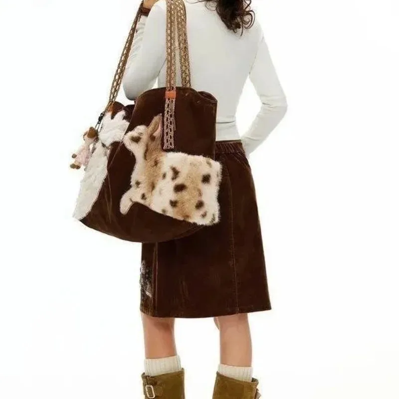 sac fourre-tout en fausse fourrure brodée motif chat, grande capacité, sac à main pour femme, marron, sac de voyage en peluche d'hiver, sac boston.