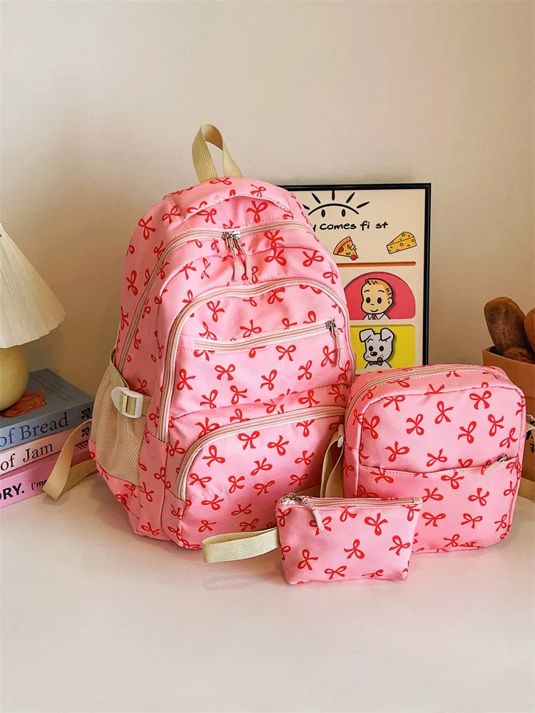 ensemble de 3 sacs à dos mignons avec nœuds, grand sac à dos scolaire, sac à dos de voyage décontracté polyvalent, sac bandoulière pour filles