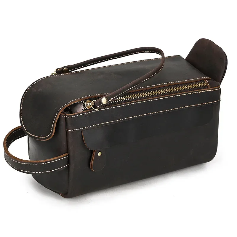 petit sac de voyage de bonne qualité, portefeuille de voyage en cuir crazy horse, sac de rangement, sac de maquillage de lavage pour trousse de toilette de voyage