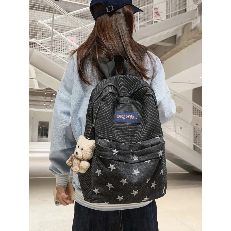 sac à dos en jean de style coréen avec rayures et étoiles colorées, adapté aux étudiantes, polyvalent pour les trajets quotidiens