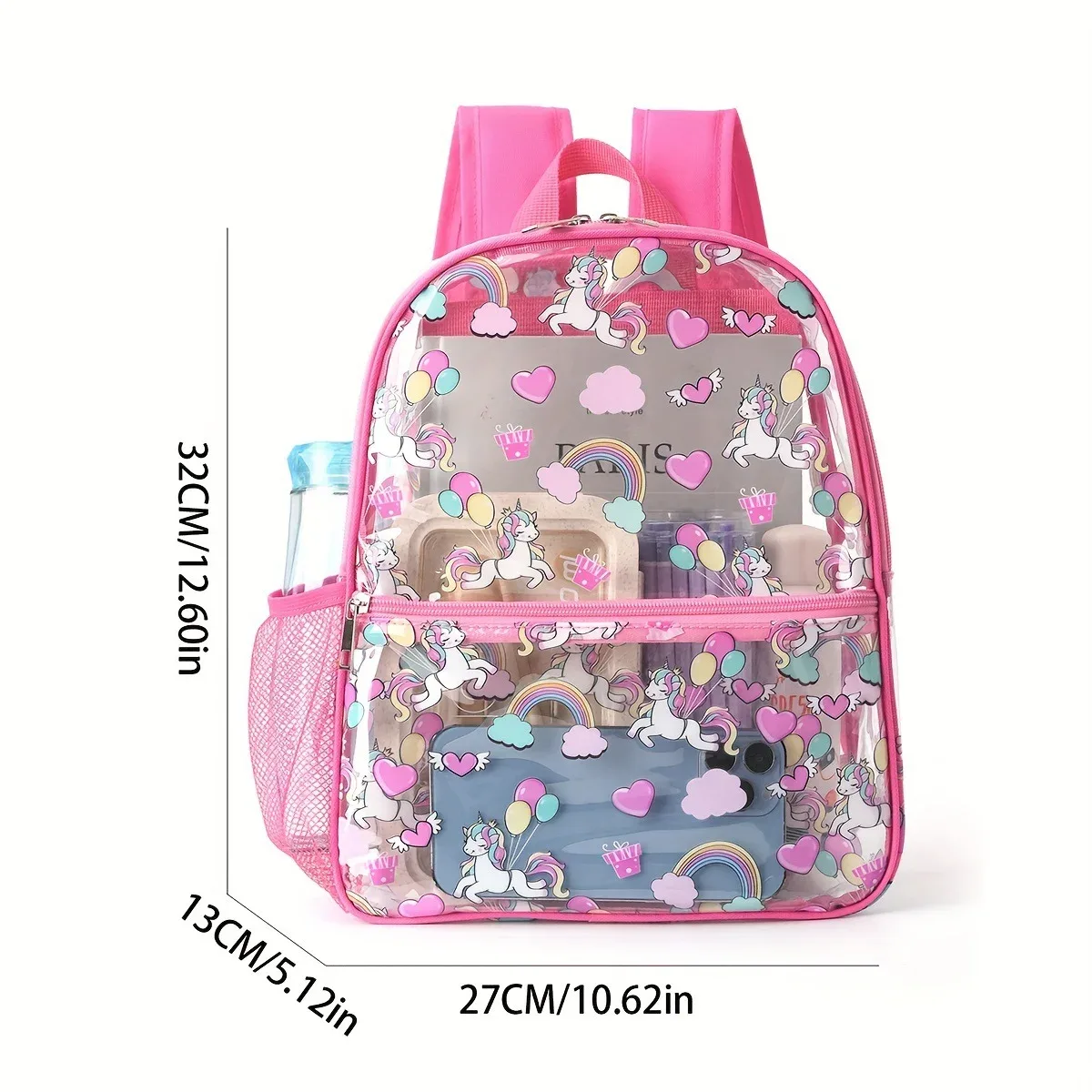 sac à dos transparent licorne, imprimé cœur arc-en-ciel, sac d'école en pvc, sac à dos imperméable pour voyage et plage, sac à dos pour enfants