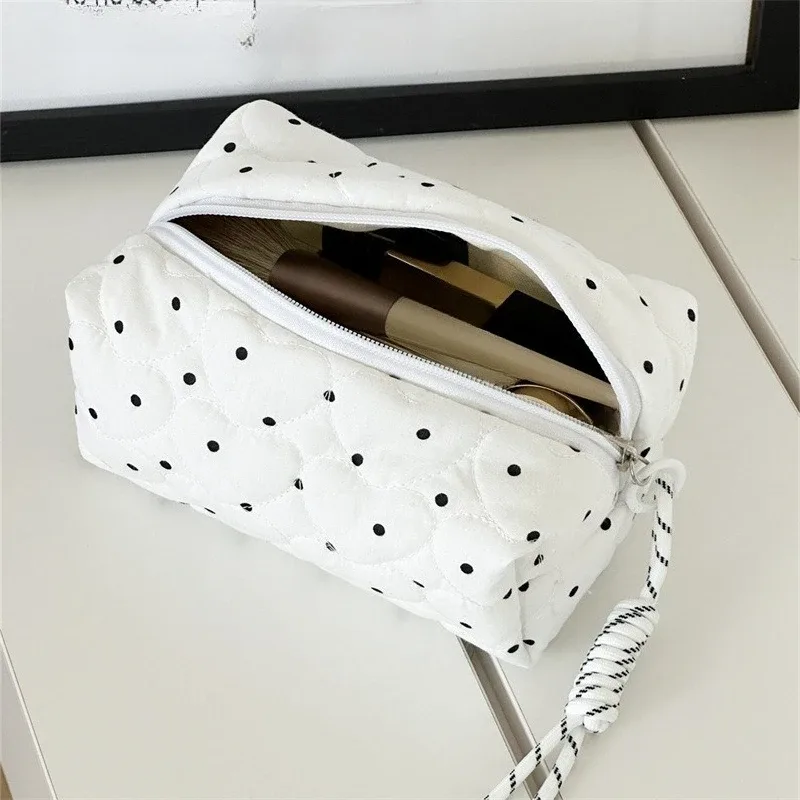 nouveau sac de maquillage à points blancs pour femmes et filles, petit grand pinceau à rouge à lèvres, pochette cosmétique, mini portefeuille portable, porte-monnaie