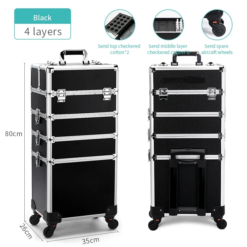 trousse de maquillage professionnelle 4 en 1, étui à cosmétiques roulant en aluminium sur roulettes, organisateur de maquillage d'artiste, rangement avec plateaux