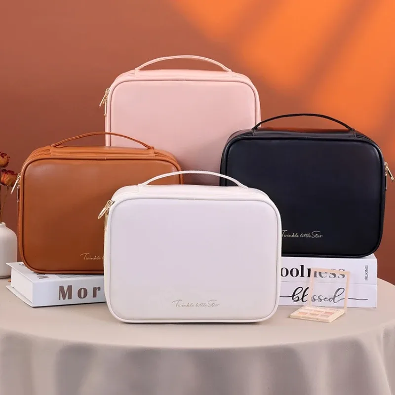trousse de maquillage double couche en cuir pu, grande capacité, sac de voyage pour cosmétiques, pochette de toilette pour outils de beauté femme