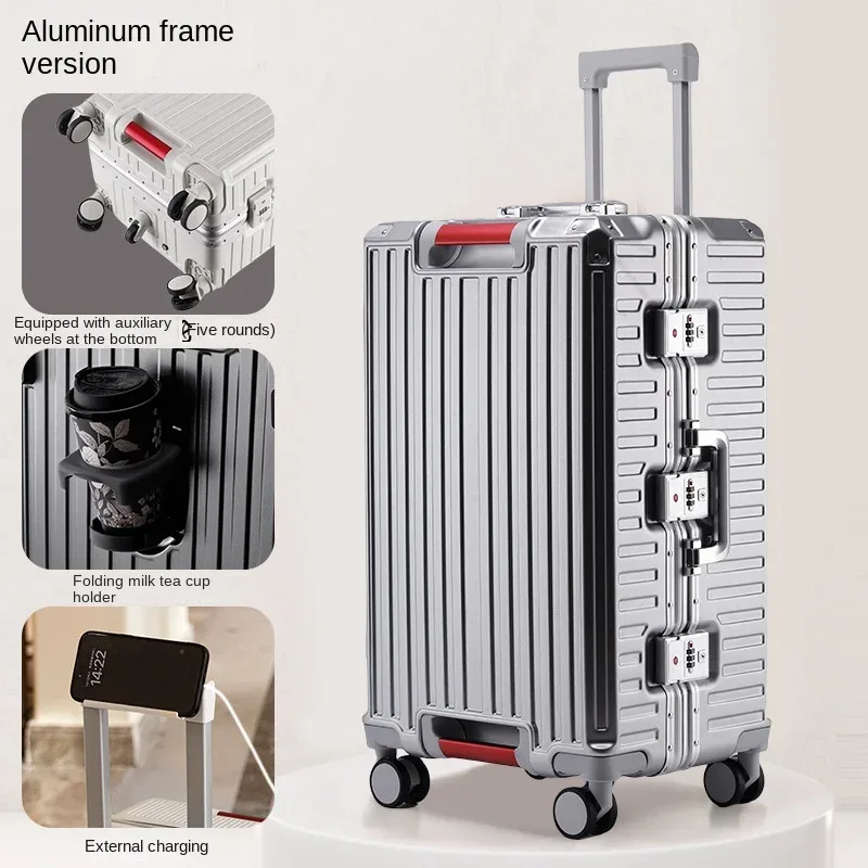 valise à cadre en aluminium à cinq roues, 30 pouces, cabine multifonctionnelle, mot de passe, boîtier de chariot, bagages avec porte-gobelet usb
