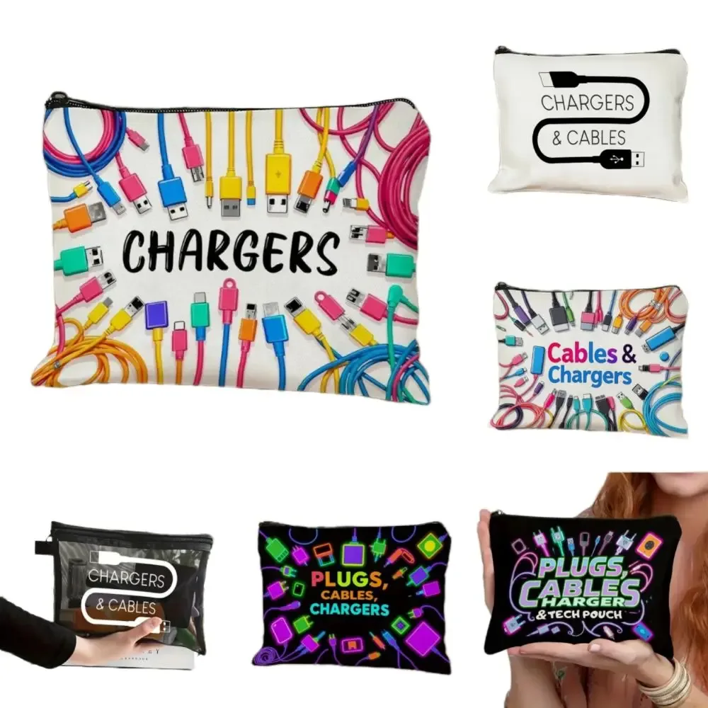 nouvelle pochette de rangement pour chargeur en toile, fermeture à glissière, design imprimé, organiseur de câbles, sac de grande capacité, organiseur de cosmétiques, utilisation en voyage