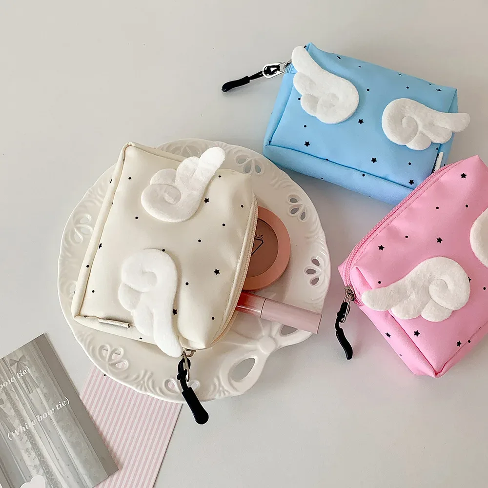 sac à main ailes pour femmes, petite trousse de maquillage, sac de rangement utile, pochette de papeterie, décor d'ange de dessin animé doux, mini sac de poche portable mignon