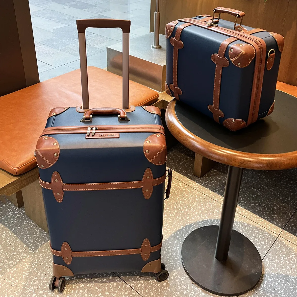 valise de voyage vintage en cuir bleu pour affaires, bagage à main 20 pouces + valise à roulettes 24 pouces, avec serrure tsa, style universitaire, unisexe