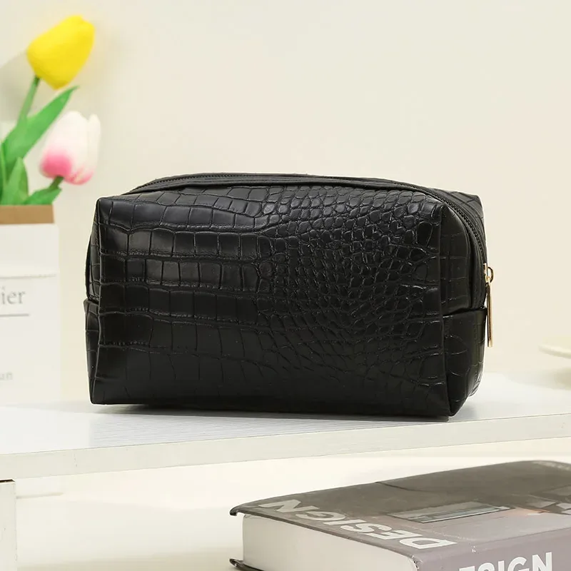 sac de maquillage imperméable en cuir pu tendance pour femmes, pochette cosmétique à motif crocodile gaufré, organiseur de voyage avec fermeture éclair