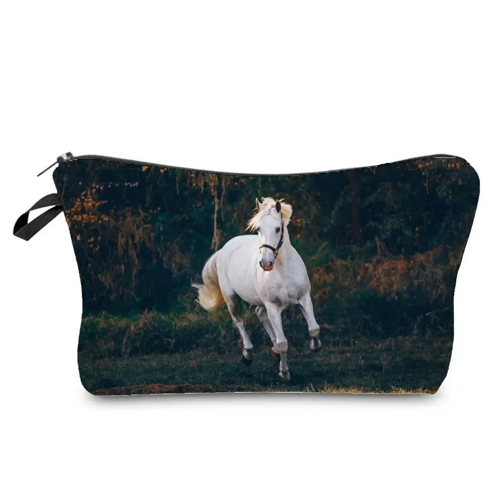 sacs de maquillage imprimés cheval pour femmes, sac à cosmétiques décontracté pour filles, mini trousse de toilette écologique réutilisable de voyage, trousse à crayons pour étudiants