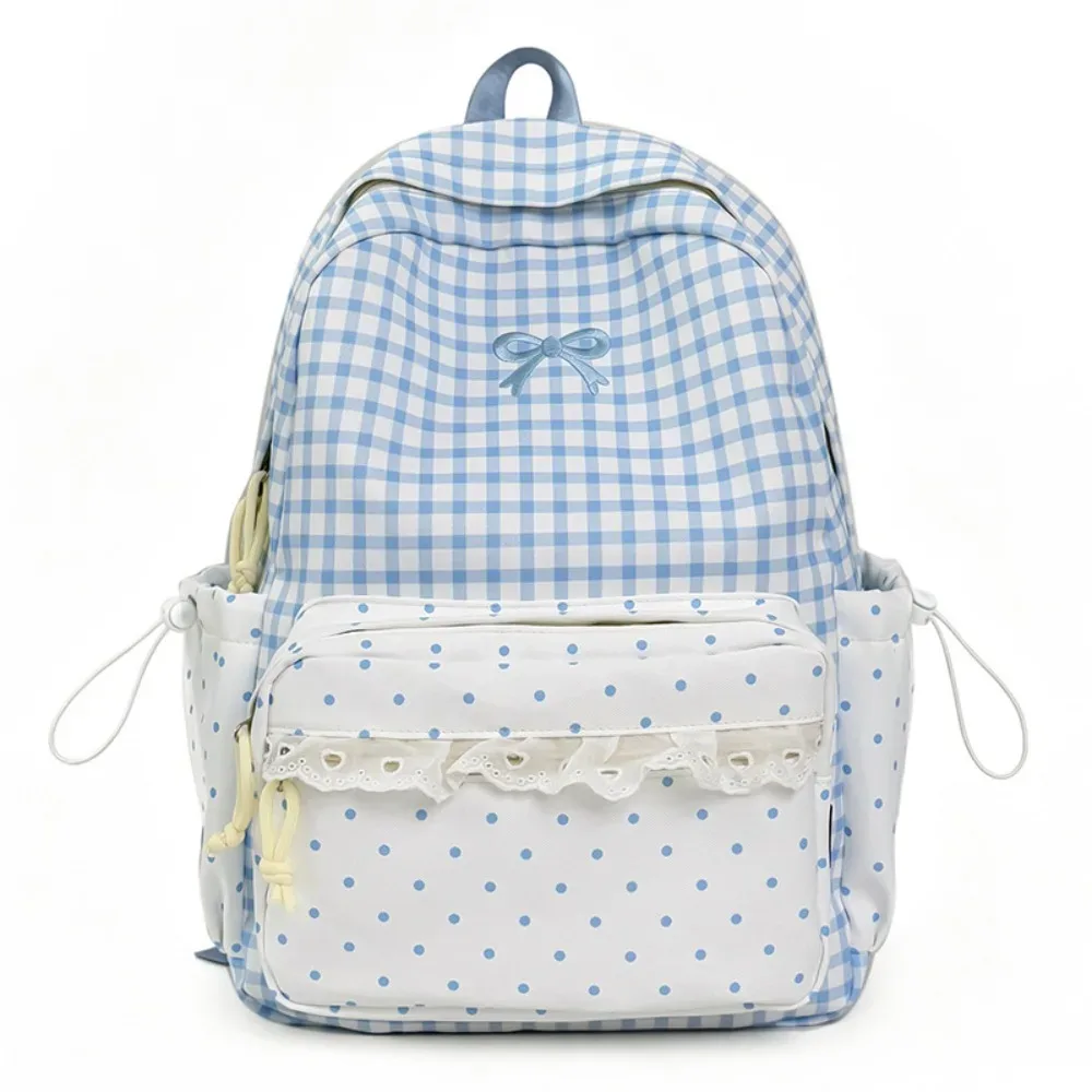 sac à dos tendance à pois, motif écossais, avec nœud minimaliste, durable, idéal pour les étudiants et l'usage quotidien.
