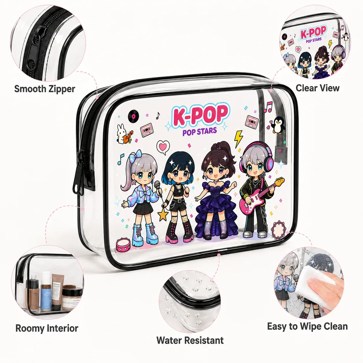 sac à cosmétiques transparent, sac de rangement transparent mignon de style kpop, pour articles de toilette de voyage, organisateur de maquillage, pochette étanche à fermeture éclair
